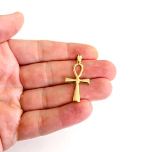 14K Solid Yellow Gold Egyptian Ankh Cross Pendant -  1.4"  Key of Life -  PT922 - Picture 1 of 8
