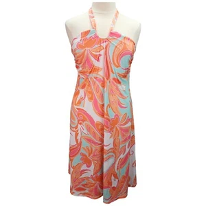 BOSTON PROPER Halter Dress Woman LARGE Orange Pink Tropical Floral Hippie Silky - Picture 1 of 12
