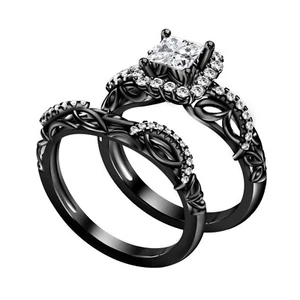 1 CT Prinzessin Schnitt Moissanit Verlobung Hochzeit Braut Set 14K schwarz vergoldet - Bild 1 von 4