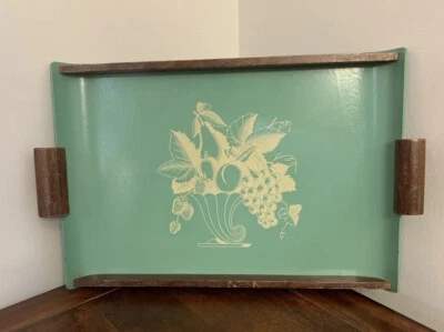 装饰 Cornucopia 设计木质 MCM 服务托盘两个手柄拼盘青蓝色 — 第 1/4 张图片