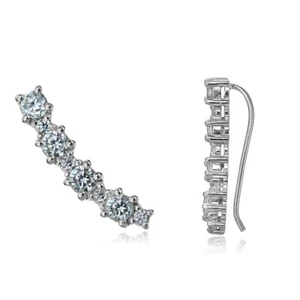 Sterling Silver Round Cubic Zirconia Curved Crawler Climber Hook Earrings - Picture 1 of 4