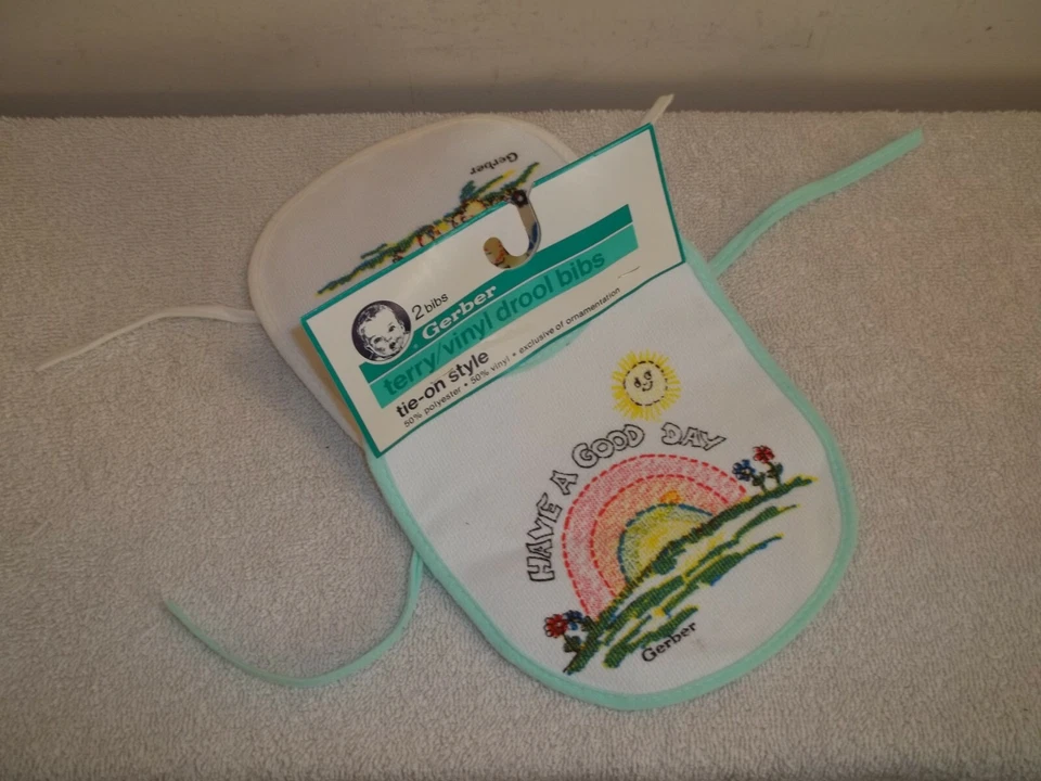 4 Vintage Gerber Baby Drool Bibs NOS Terry/Vinyl Tie On Style Made In USA