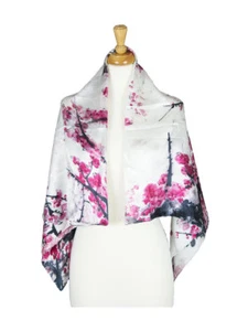 Pink Floral Mulberry Satin Silk Stole Women Square Scarf - Picture 1 of 5