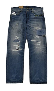 Polo Ralph Lauren Distressed Repaired Patchwork Repp Tie Graffiti Jeans New - Picture 1 of 4