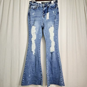 Judy Blue Jeans Womens Sz 7/28 High Waist Flair Fit Distressed Stretch Fray Hem - Picture 1 of 19