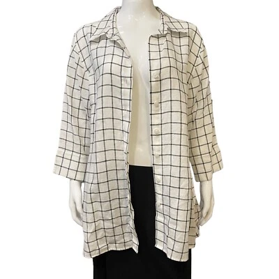 Investments Sz 14 100% Linen Tunic Blouse Top Ivory White Black Check Plaid - Image 1 of 4