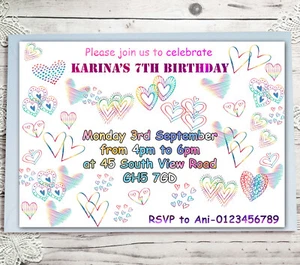 Doodle Corazones Personalizado Invitaciones Fiesta Cumpleaños Fiesta Invitaciones A6 x10 - Imagen 1 de 4