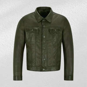 Herren Echt Grün Lammfell Lederjacke Motorrad Knopfverschluss Jacke - Bild 1 von 3