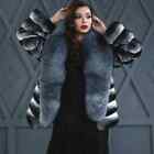 Fashion Natural Chinchilla Rex Rabbit Fur Coat Silver Fox Fur Collar Overcoat