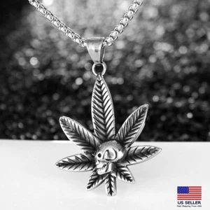 Men Stainless Steel Cannabis Marijuana Leaf Skull Pendant Necklace 0302 - Picture 1 of 8