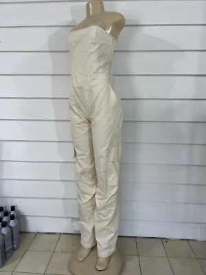 ZARA VAINILLA CRUDO Algodón Sin Tirantes CARGO Bolsillos MONO XS ALGODÓN Pierna Ancha Foto 1 de 4