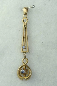 ART NOUVEAU ANTIQUE 10K GOLD TALL CORNFLOWER BLUE SAPPHIRE LAVALIERE PENDANT - Picture 1 of 1