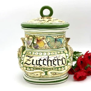Italian Pottery Sugar Canister Zucchero With Lid Hand Painted Butterfly - Picture 1 of 12