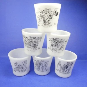 6 Glasbake Parts Pups Cartoon Comic Mugs White Milk Glass Vintage Coffee Cups - Picture 1 of 12