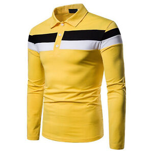 Mens Polo-Shirt Long Sleeve Casual Slim Basic Designed Stripe Cotton Shirts