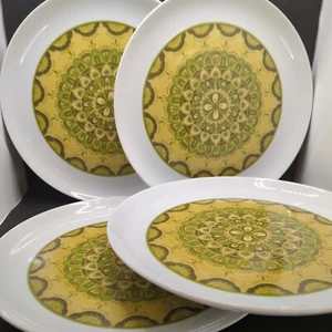 4 Dead Stock NOS Avocado Green Royal Prestige Mandala Dinner Plates Granada MCM - Picture 1 of 9