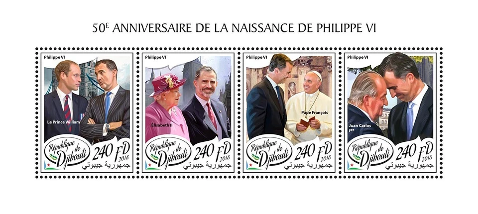Estampillas de Felipe VI Reina Isabel II Papa Francisco MNH 2018 Djibouti M/S Foto 1 de 1