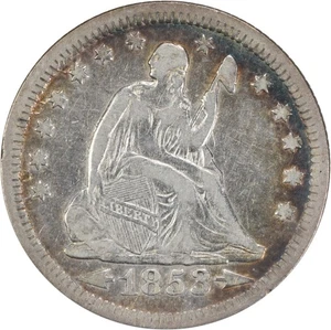 1853 Liberty sitzende Silber Viertelpfeile und Strahlen sehr schön ungeprüft #321 - Bild 1 von 2