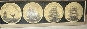 Barlow “American Tall Ships” Scrimshaw Coaster Set Of 4, Cork Back, In Open Box - Picture 1 of 8