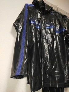 Black with blue stripe jacket and black pants PVC rainsuits set hooded rainwear - Picture 1 of 21