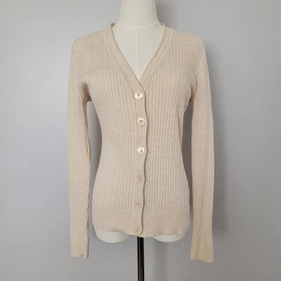 Jeanne Pierre кабель вязаный кардиган свитер кремовый размер M резинке минималистский нейтральный - Изображение 1 из 4