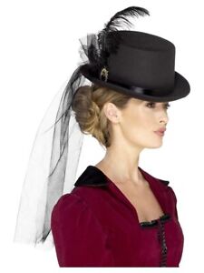 Smiffys Deluxe Ladies Victorian Top Hat, with Elastic, Bla