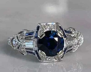 Vintage Edwardian Style Lab-Created Sapphire Engagement Ring 14k White Gold FN - Picture 1 of 13