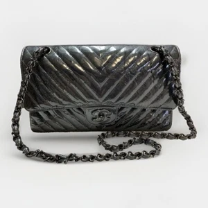 CHANEL Patent Crumpled Calfskin So Black Metallic Chevron Medium Double Flap Bag - Picture 1 of 21