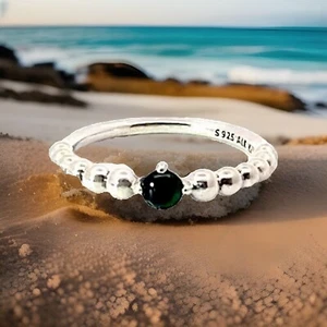 Ladies PANDORA Silver Rainforest Green Gemstone Beaded Band Sz 7 Ring - Picture 1 of 6