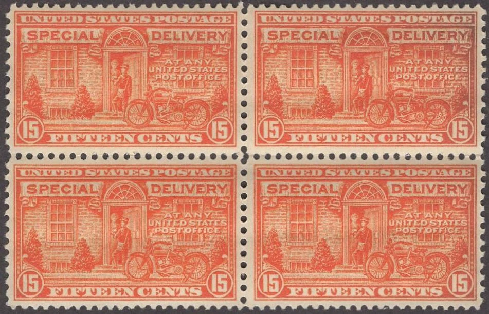 Scott # E 13 - US Block Of 4 -Special Delivery Motorcycle Deep Orange -MNH -1925 - Image 1 of 1