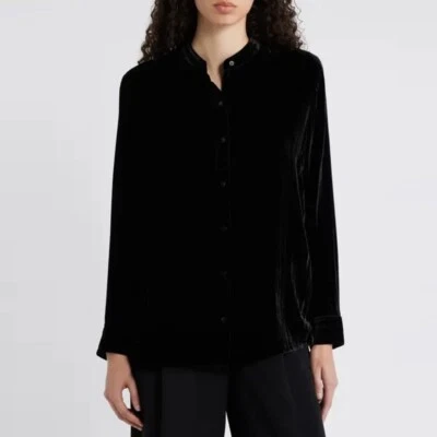 Camisa DKNY Essentials Mezcla Seda Terciopelo Cuello Mandarina Negra Talla 14 Foto 1 de 4