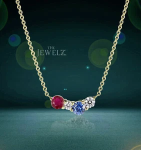14K Gold  VS/F-G Diamond Ruby And Blue Sapphire Gemstone Pendant Necklace - Picture 1 of 4