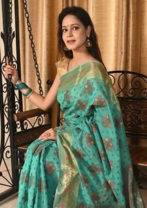 Banarasi Vastra Chanderi Silk Saree with Resham Tilfi Buta Floral Zari Border - Picture 1 of 5