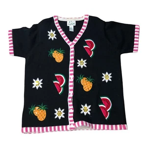 Quacker Factory Short Sleeve Sweater Size Medium Watermelon Pineapple Fruit S3 - Picture 1 of 4