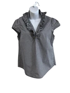 Elizabeth McKay White Blue Cotton Blend Short Sleeve Ruffle High Neck Blouse 12 - Picture 1 of 8