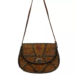 Vtg 70s Mexico Tooled Leather Stitched Patchwork Floral Hippie Boho Bag Purse - Picture 1 of 8