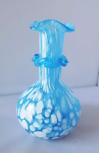 Vintage Blue White Spatter Art Glass Bud Vase Small 4” x 3” Applied Accent - Picture 1 of 7