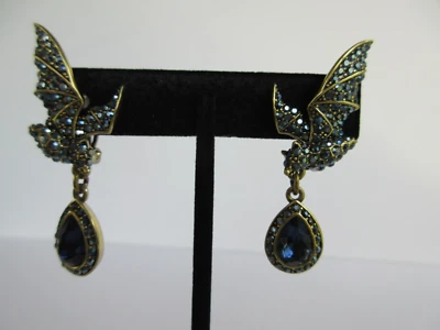 Heidi Daus Blue Crystal Bat Clip-On Drop Earrings – NWT – Halloween Gothic Style - Image 1 of 4