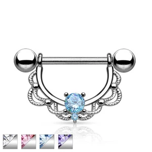 Pair of CZ Centered Fligree Drop Surgical Steel Nipple Rings Barbells 14G 5/8" - Picture 1 of 9
