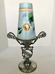 Victorian VASE in SILVERPLATE HOLDER with FLOWER AND BUTTERFLY DECORATIONS - Picture 1 of 12