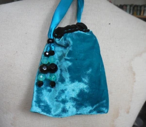 Reversible Black, Teal Velvet Drawstring Bag Evening Wristlet Purse Runes Pouch - Picture 1 of 5