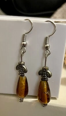 Honey Amber Earrings with an INSECT Inside AMBER Natural With Bee On Top - Image 1 of 4