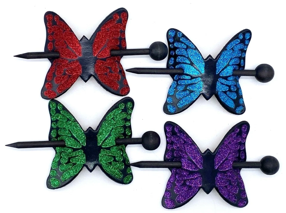  Leather Butterfly Hair Barrette w/Stick, Metal Flake Women's Ponytail Holders - Image 1 of 1