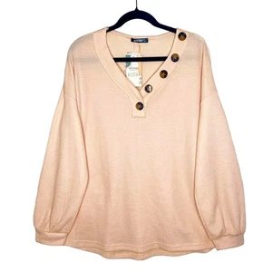 BTFBM Waffelstrick Langarm V-Ausschnitt Knopf Bluse XL Apricot Pullover Herbst Oberteil - Bild 1 von 9