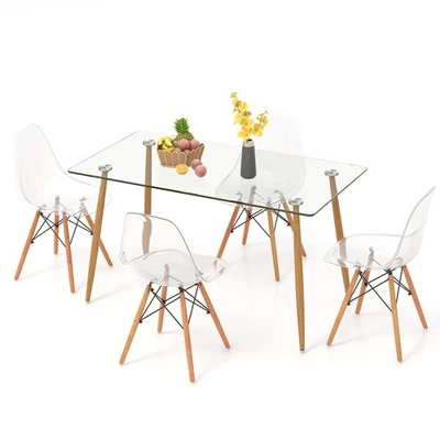 5PCS Modern Dining Table Set w/ Rectangle Glass Table& 4 Transparent Chairs - Image 1 of 4