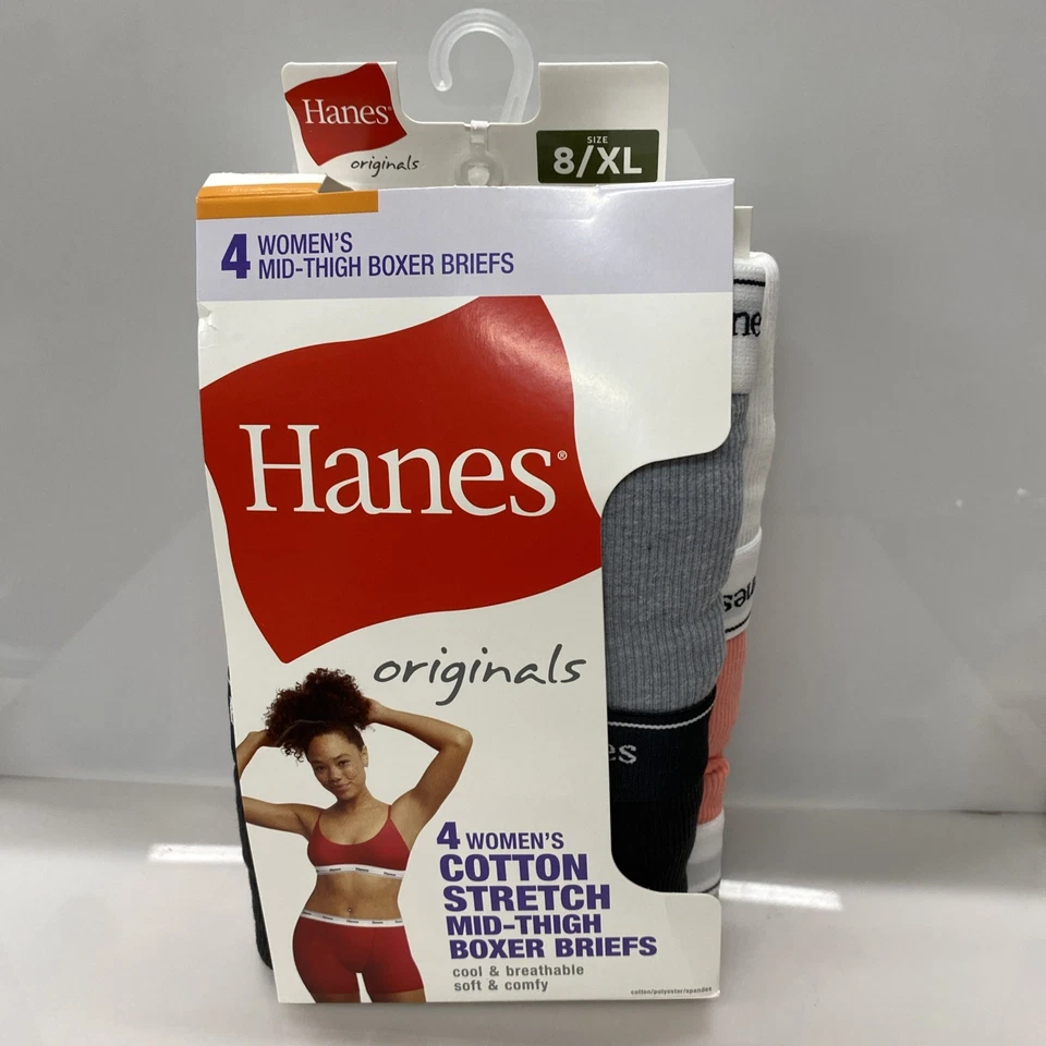 Hanes Underwear Womens 8 Extra Large Boxer Brief Mid Thigh Cotton Stretch 4 Pair