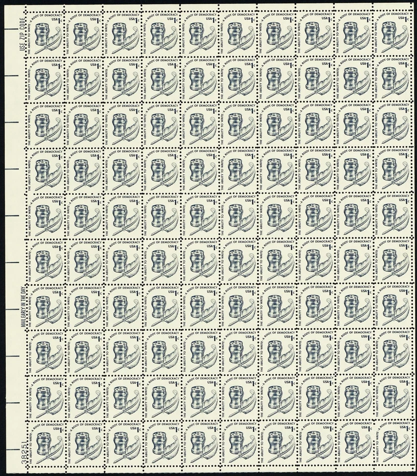 Democracy Sheet of 100 - 1 Cent Postage Stamps Scott 1581 - Image 1 of 1