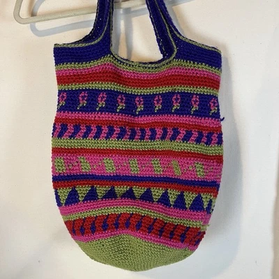 Hand Crocheted Purse Shoulder Bag Purple Pink Green Red Lined Well Made Boho - Image 1 of 4