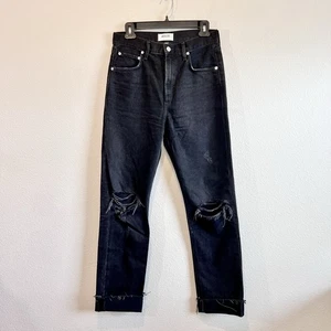 AGOLDE Cherie Jeans 26 Black Distressed Ripped Knee Raw Hem Straight Crop - Picture 1 of 12