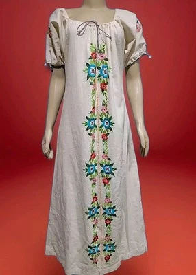 Artsy Embroidered Hand Made Beige Floral Sz G/L Women's Tunic Dress #W3 - Image 1 of 4
